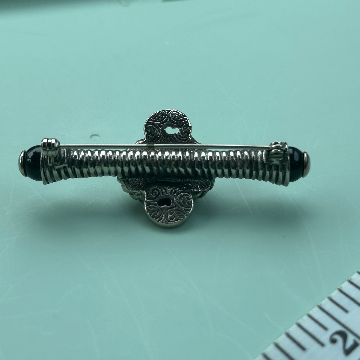 Vintage Art Deco Style Silver-Tone Bar Pin | Metal with Black & White Cabochon