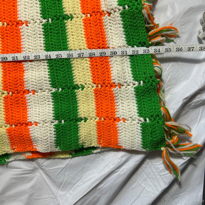 Vintage Handmade Crocheted Afgan Blanket, Orange, Green, Yellow and White, 40 x 66