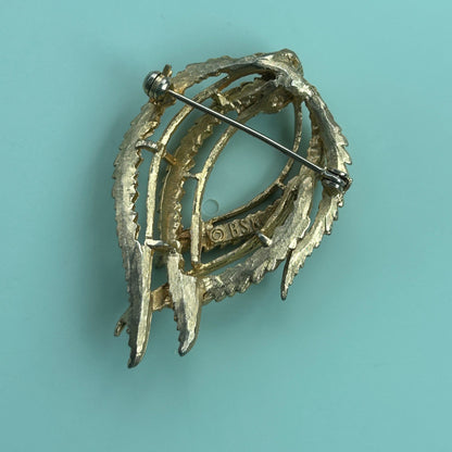 Vintage Gold-Tone Textured Leaf Wreath Brooch, BSK Signed Fall Fashion Pin