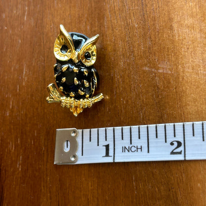 Vintage Enamel Owl Brooch | Gold Tone & Black Mid-Century Bird Pin, Owl Jewelry