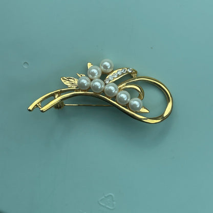 Vintage Faux Pearl & Rhinestone Swirl Brooch | Gold-Tone Floral Spray Pin