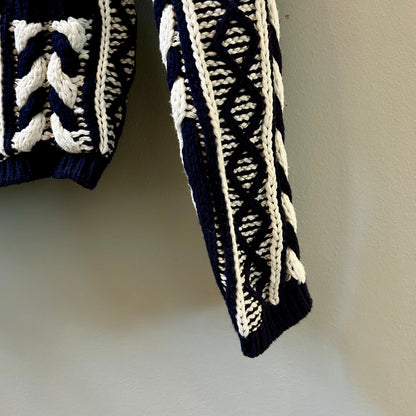 Martha Stewart Navy White Cable Knit Cardigan Sweater M