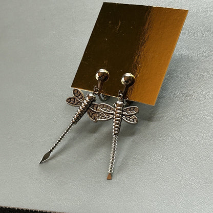 Silver Dragonfly-Shaped Dangle Earrings, Butterfly Closure, for Pierced Lobes