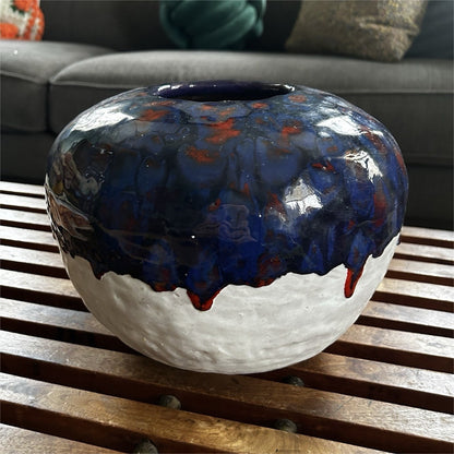 VANNA Handmade Signed Ceramic Vase, Decorative Abstract Blue Red White