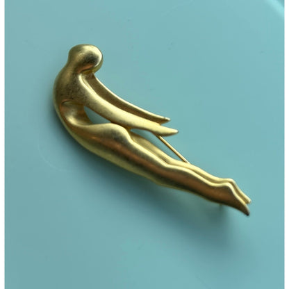 Vintage Signed AJC Matte Gold Tone Swimmer Brooch | Stylized Diving Woman Pin | Mid-Century Modern