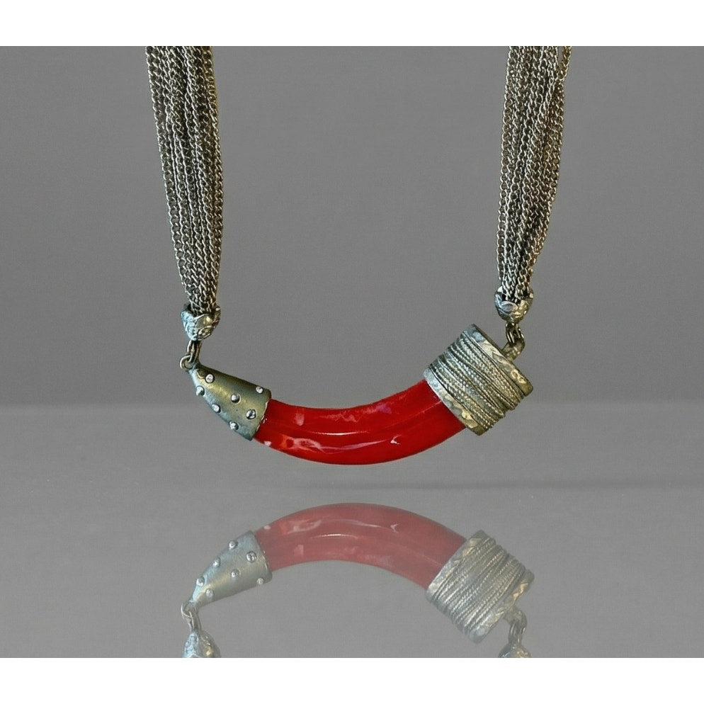 Vintage Red Resin Horn Pendant Multi-Strand Chain Necklace