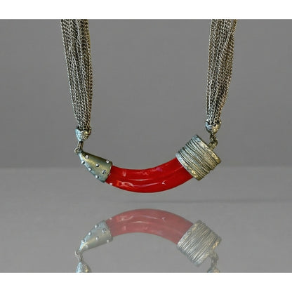 Vintage Red Resin Horn Pendant Multi-Strand Chain Necklace