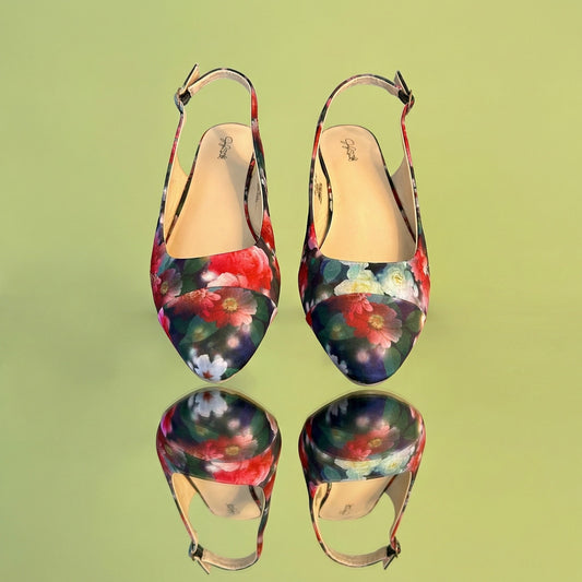 Jaclyn Smith Floral Slingback Flats Pointed Toe Satin Finish