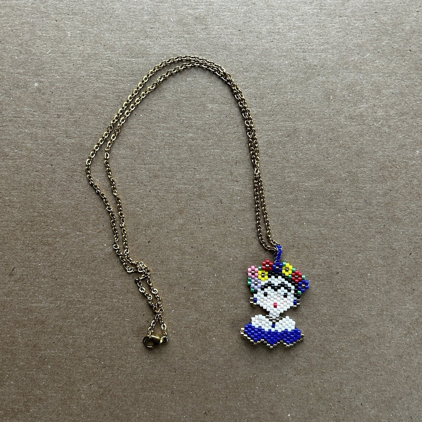 Gold Cable Chain Necklace with Multicolor Beaded Freida Kahlo Pendant, Handmade