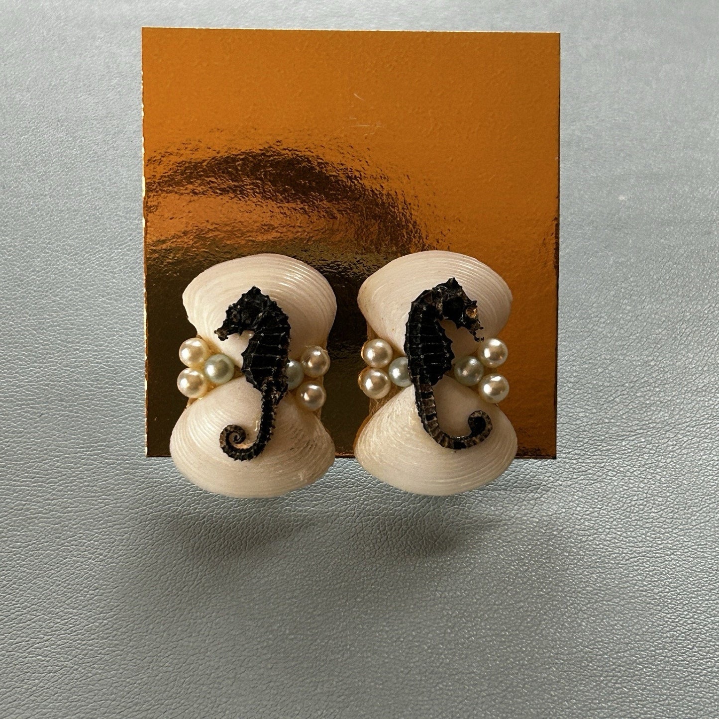 Shell & Pearl Seahorse Stud Earrings, Screw-Back, White & Black, Asymmetrical