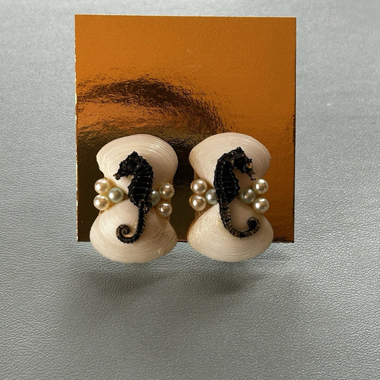 Shell & Pearl Seahorse Stud Earrings, Screw-Back, White & Black, Asymmetrical