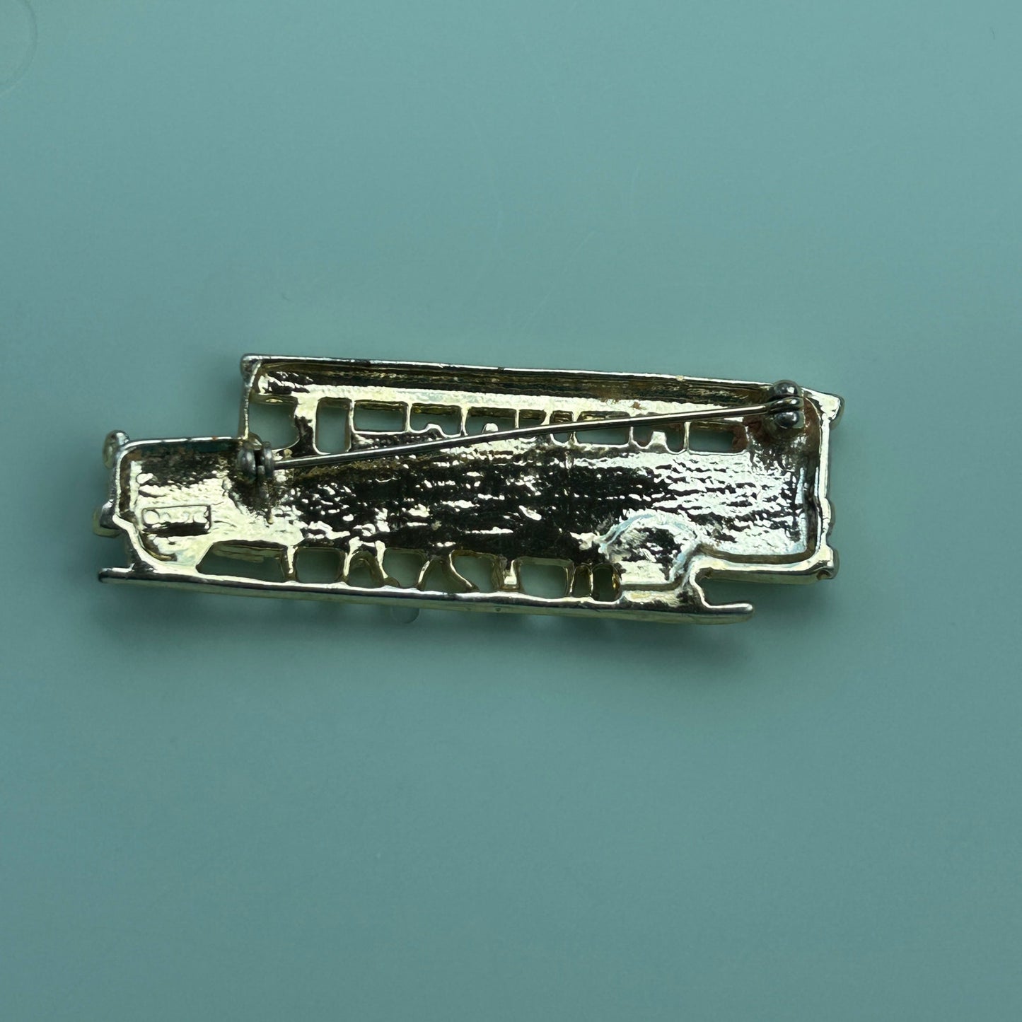 Vintage Gold Tone School Bus Brooch Pin with Red and Clear Rhinestone Accents