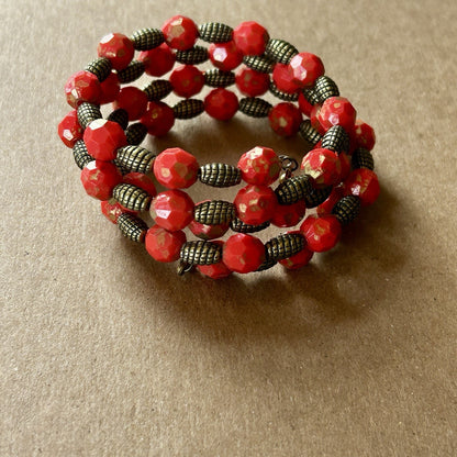 Red Beaded Wrap Bracelet Glass & Metal, Bronze Accents, Stackable, Bohemian