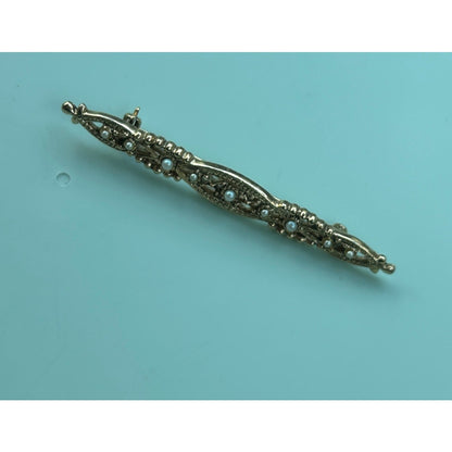Vintage Gold Tone Filigree Bar Brooch with Faux Pearl Accents Elegant Bar Pin
