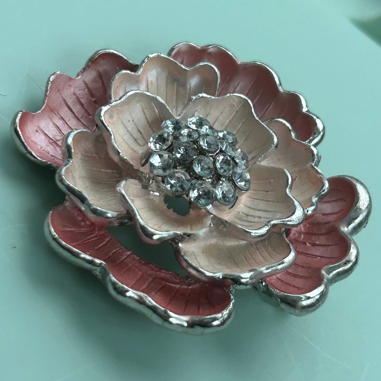 Vintage Silver Tone Pink Ombre Enamel Flower Brooch with Rhinestone Center