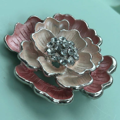 Vintage Silver Tone Pink Ombre Enamel Flower Brooch with Rhinestone Center