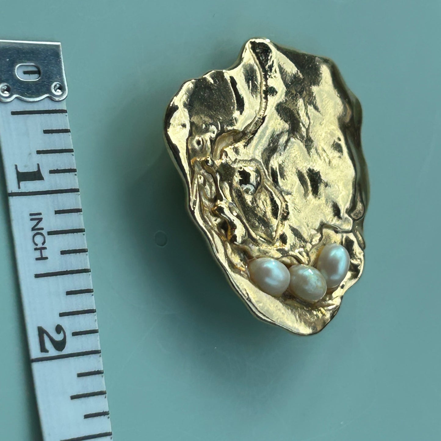 Unique Contemporary Gold-Tone Faux Pearl Brooch Abstract Textured Statement Pin