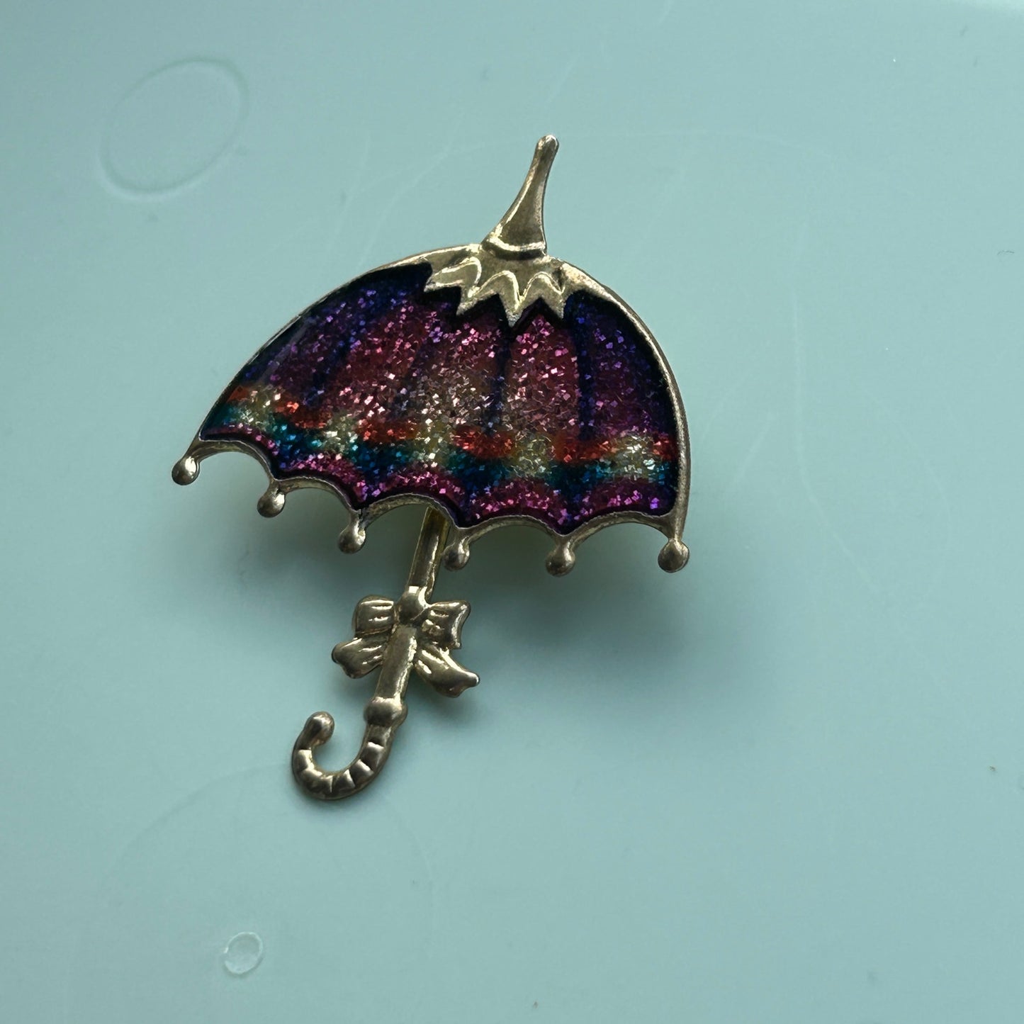 Vintage Glitter Enamel Umbrella Brooch | Gold Tone Purple & Blue Parasol Pin | Whimsical Rainy Day Jewelry