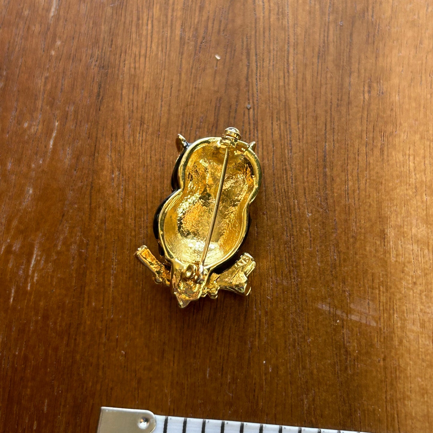 Vintage Enamel Owl Brooch | Gold Tone & Black Mid-Century Bird Pin, Owl Jewelry
