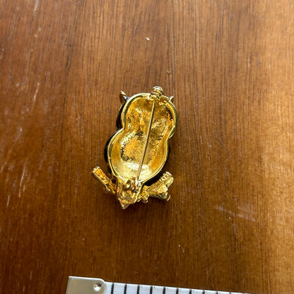 Vintage Enamel Owl Brooch | Gold Tone & Black Mid-Century Bird Pin, Owl Jewelry