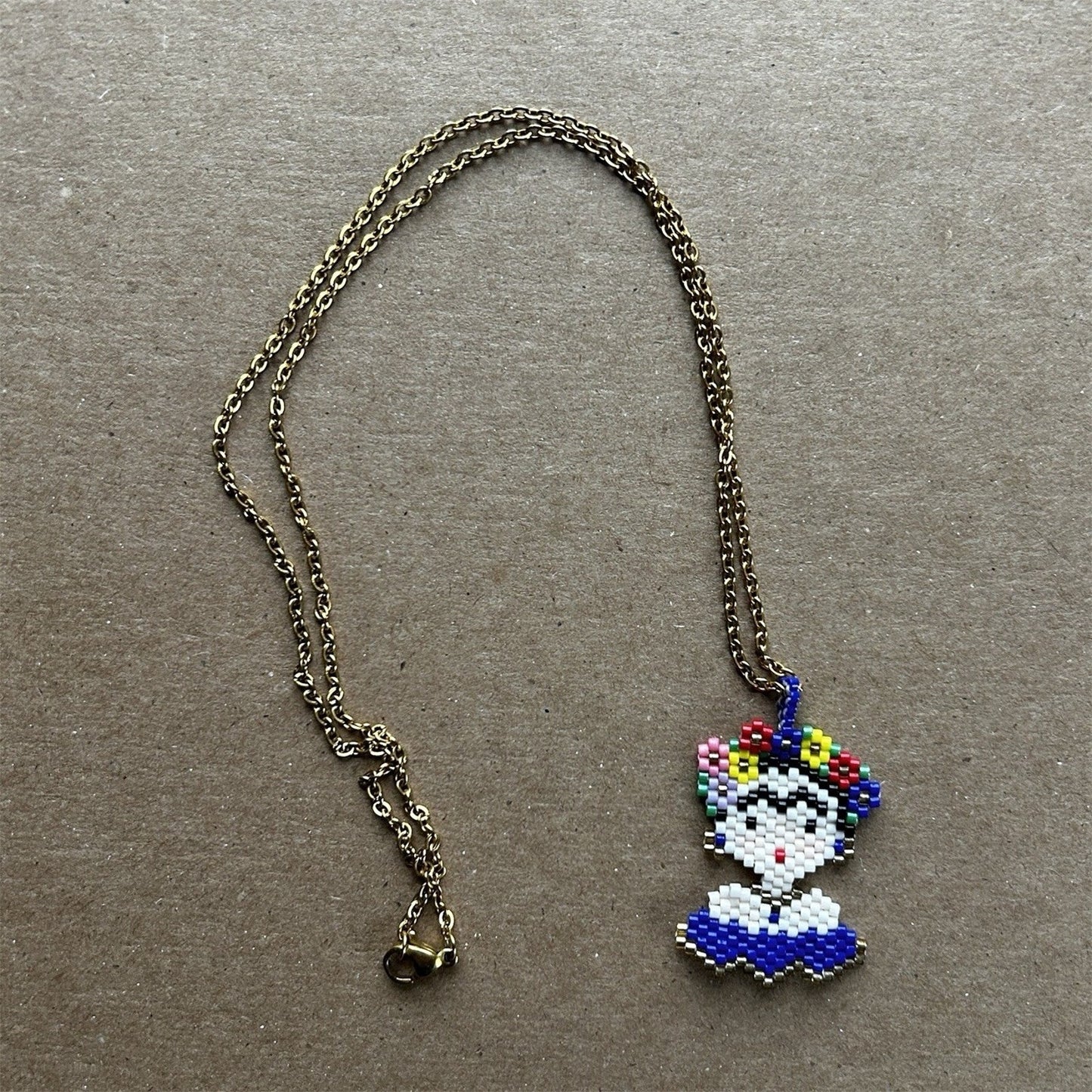 Gold Cable Chain Necklace with Multicolor Beaded Freida Kahlo Pendant, Handmade