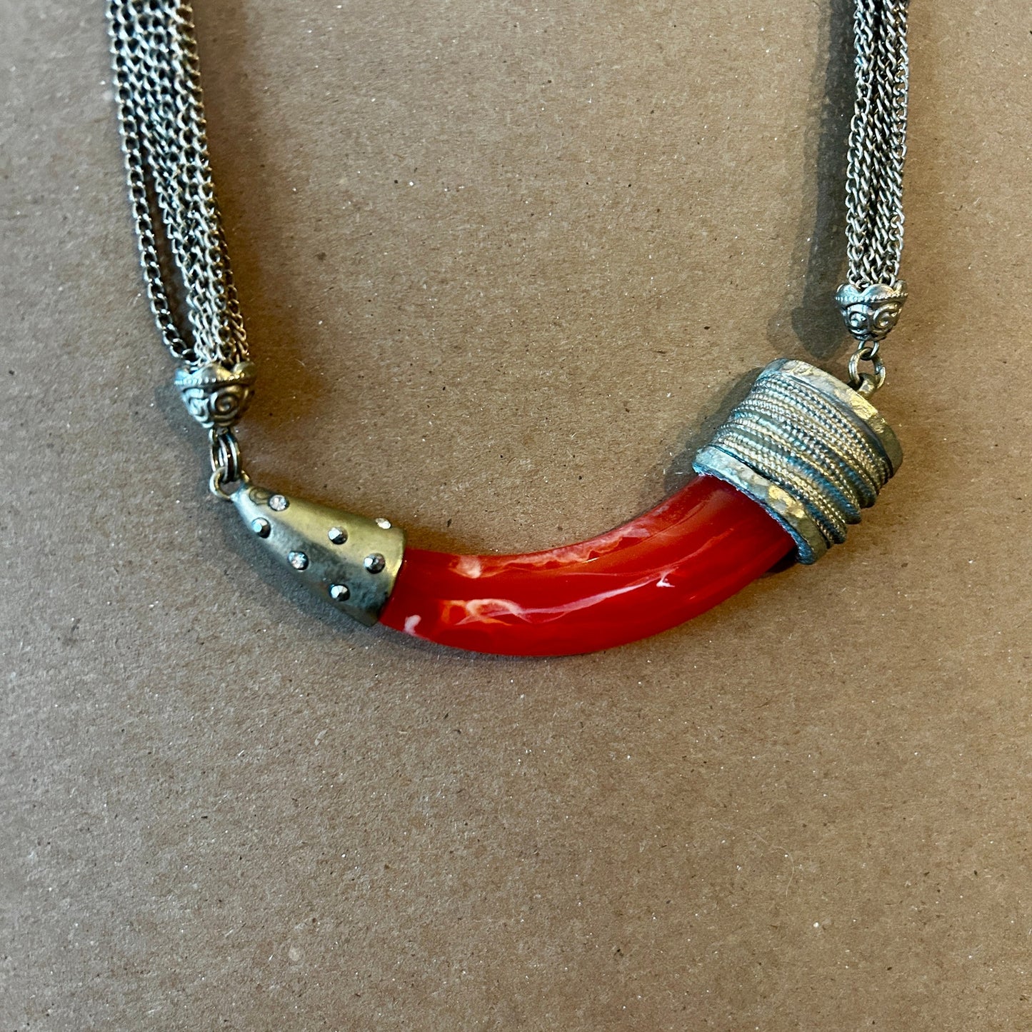 Vintage Red Resin Horn Pendant Multi-Strand Chain Necklace