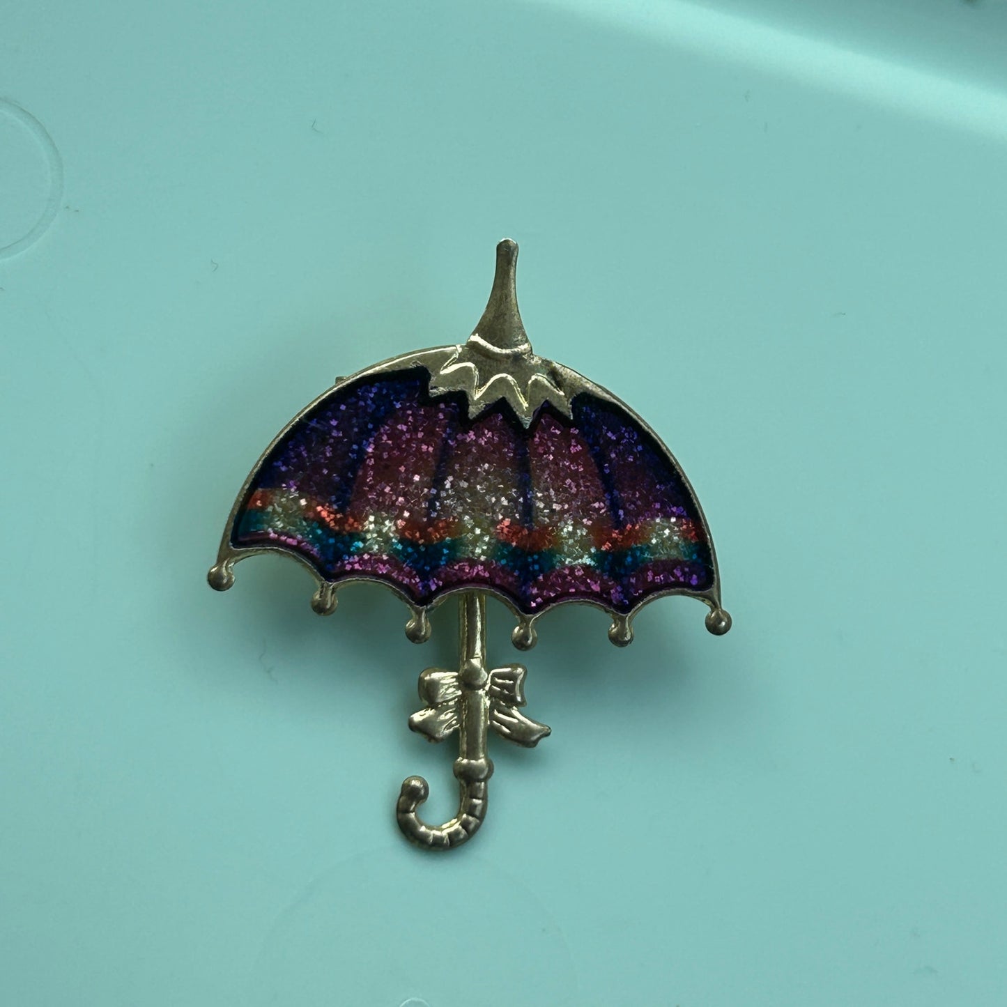 Vintage Glitter Enamel Umbrella Brooch | Gold Tone Purple & Blue Parasol Pin | Whimsical Rainy Day Jewelry