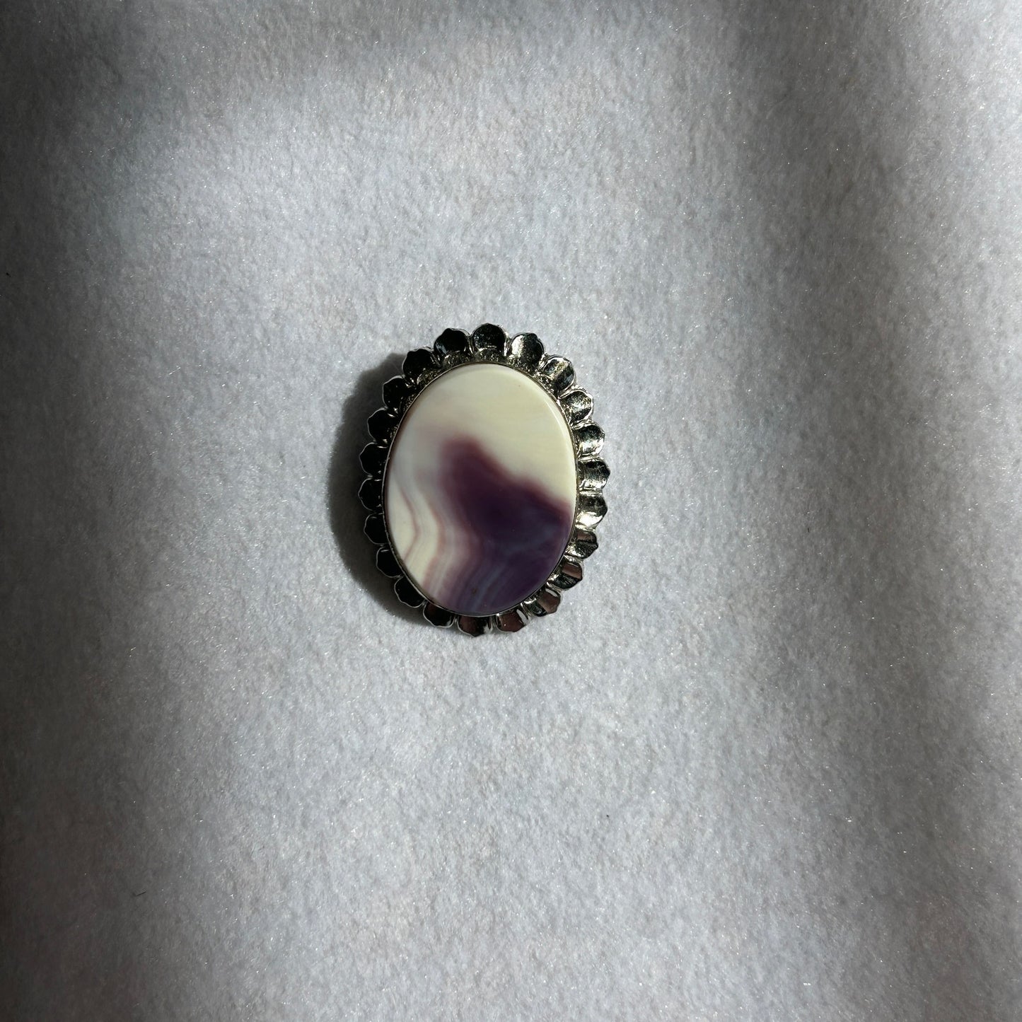 Natural Purple & White Banded Agate Oval Pendant Brooch Combo Scalloped Silver
