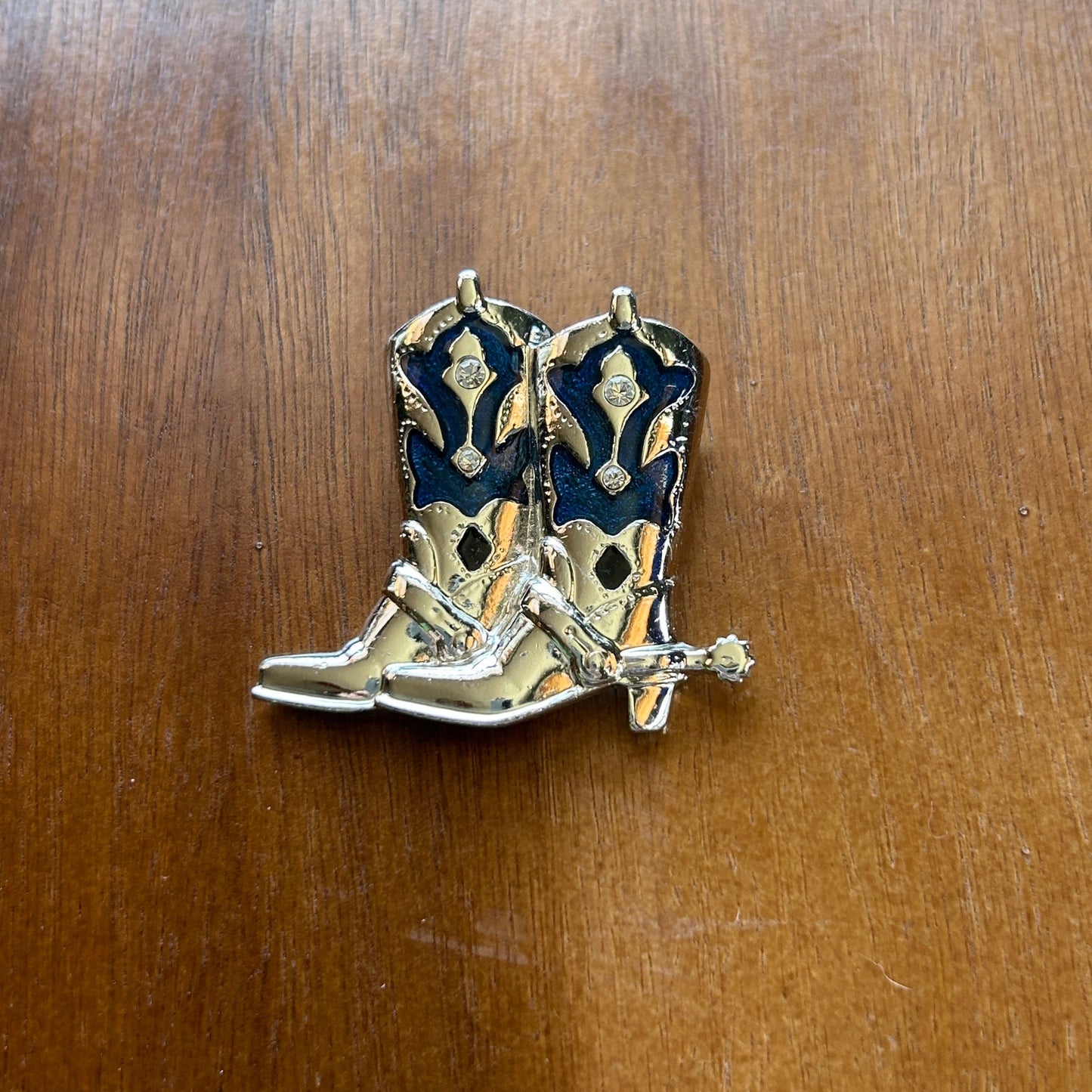 Vintage Silver Tone Cowboy Boots Brooch | Blue Enamel & Rhinestone Western Pin | Coastal Cowgirl Aesthetic Jewelry