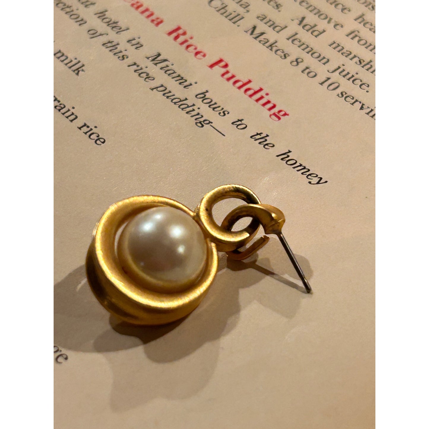 Gold and Faux Pearl Drop Earrings, Pierced, Vintage