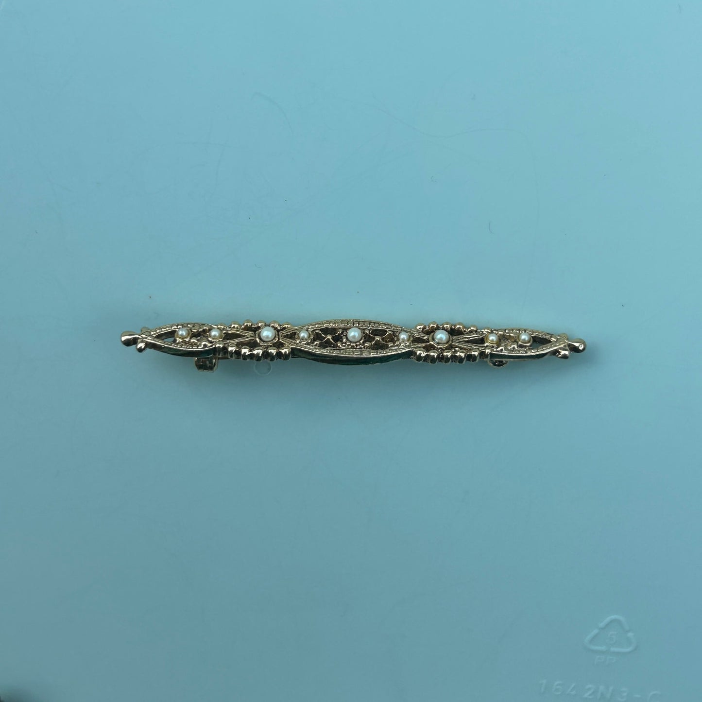 Vintage Gold Tone Filigree Bar Brooch with Faux Pearl Accents Elegant Bar Pin