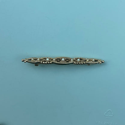 Vintage Gold Tone Filigree Bar Brooch with Faux Pearl Accents Elegant Bar Pin