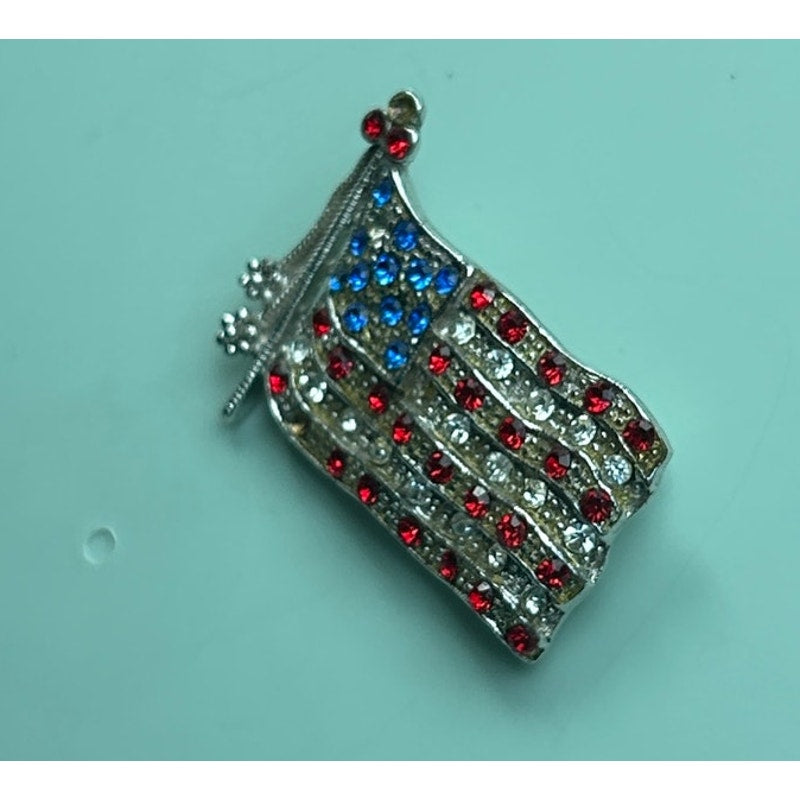 Vintage Rhinestone American Flag Brooch Waving Stars and Stripes Silver Tone Pin