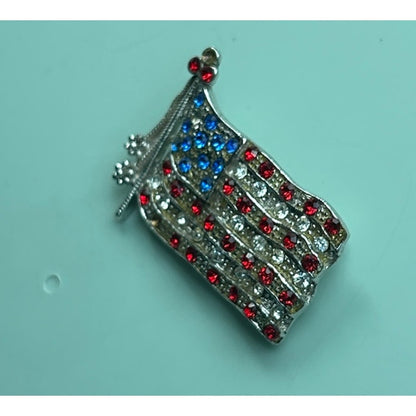 Vintage Rhinestone American Flag Brooch Waving Stars and Stripes Silver Tone Pin