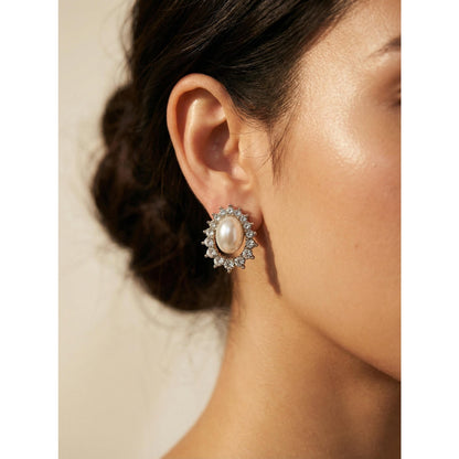 Vintage-Style Faux Pearl & Crystal Halo Stud Earrings