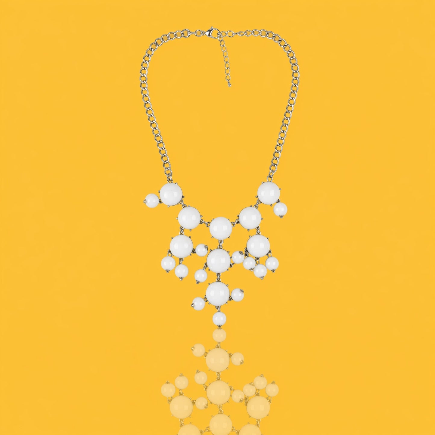 White Cabochon Statement Necklace - Silver Tone Mod Style Bib - 8"
