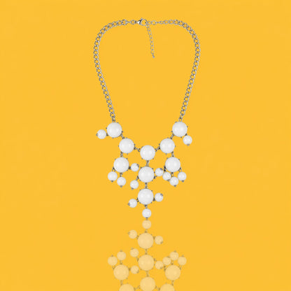 White Cabochon Statement Necklace - Silver Tone Mod Style Bib - 8"