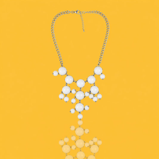 White Cabochon Statement Necklace - Silver Tone Mod Style Bib - 8"