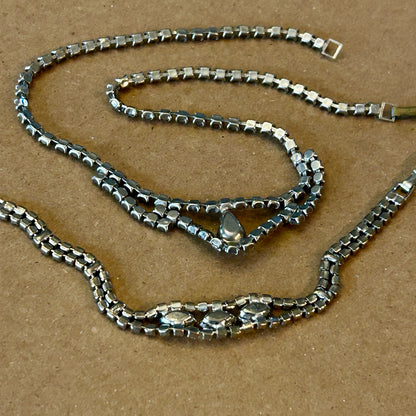 Vintage Silver Tone Rhinestone Necklace & Bracelet Set