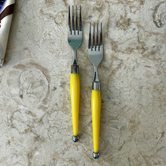 Contemporary Yellow Handle Stainless Steel Forks Set, Reusable, Glossy Finish