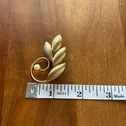 Vintage Gold Tone Ribbed Leaf & Spiral Brooch | Faux Pearl Accent Swirl Pin