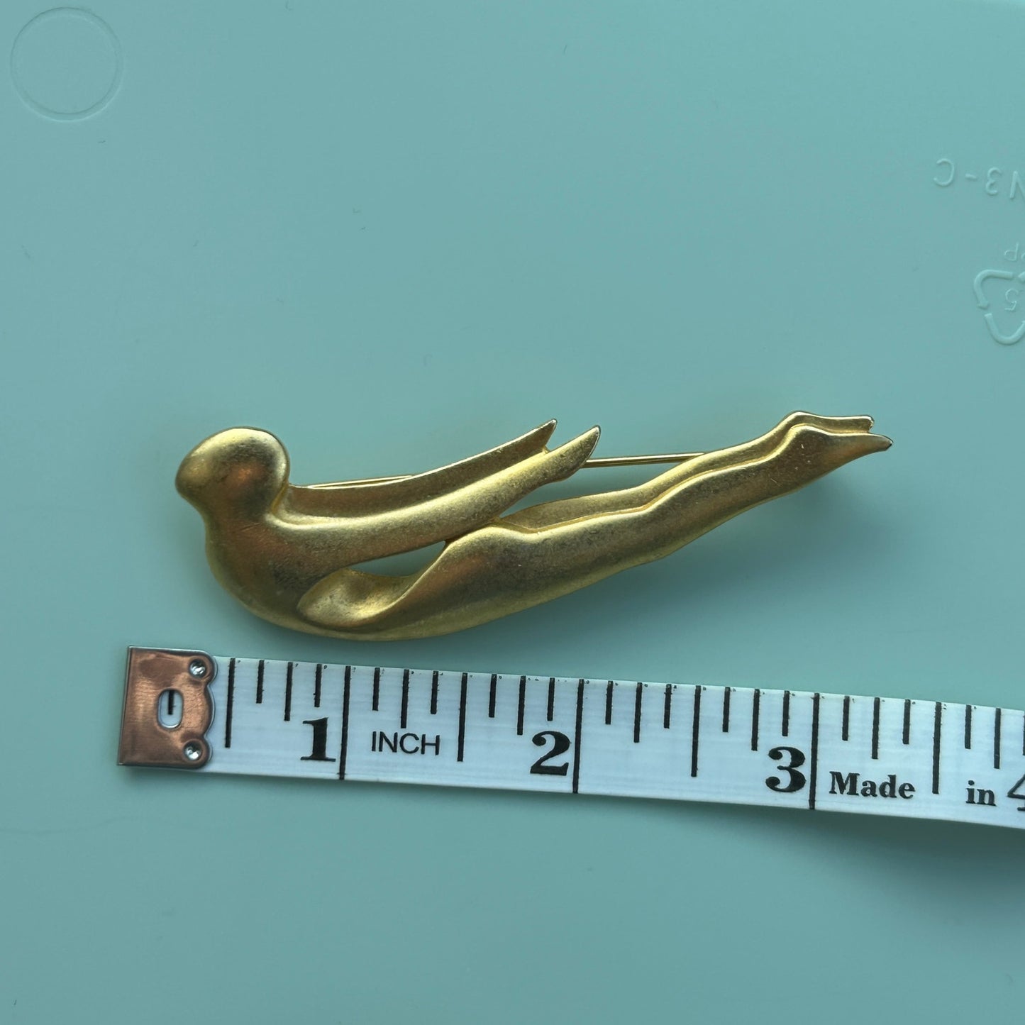 Vintage Signed AJC Matte Gold Tone Swimmer Brooch | Stylized Diving Woman Pin | Mid-Century Modern