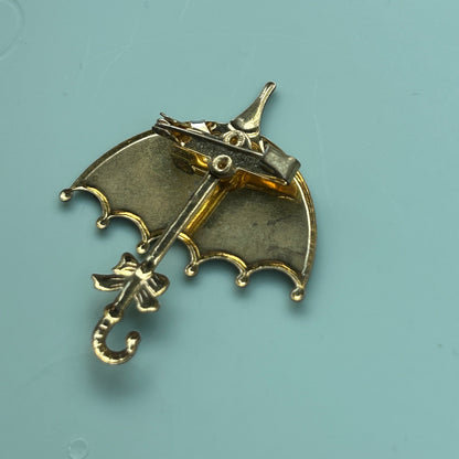 Vintage Glitter Enamel Umbrella Brooch | Gold Tone Purple & Blue Parasol Pin | Whimsical Rainy Day Jewelry