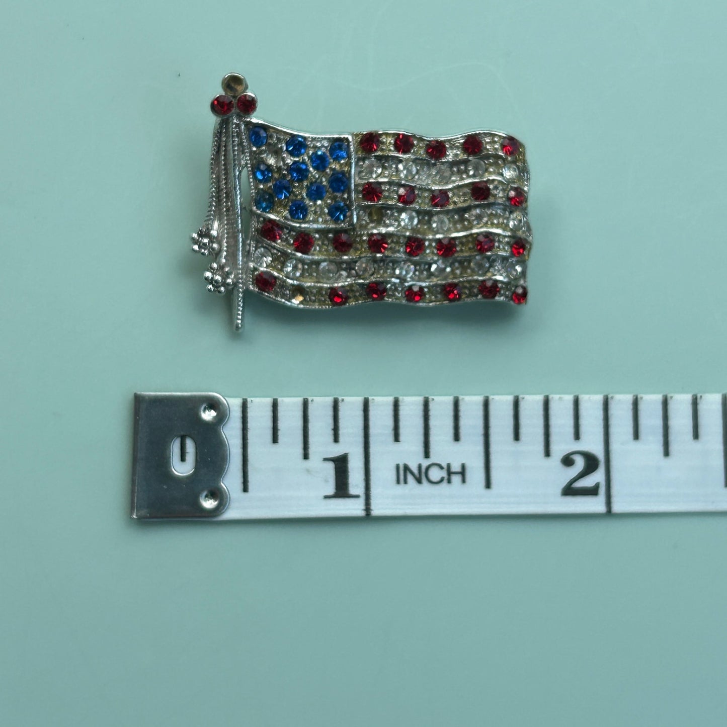 Vintage Rhinestone American Flag Brooch Waving Stars and Stripes Silver Tone Pin