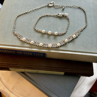 Imitation Pearl & Rhinestone Jewelry Set Necklace Bracelet Silver White