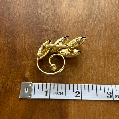 Vintage Gold Tone Ribbed Leaf & Spiral Brooch | Faux Pearl Accent Swirl Pin