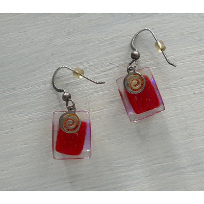 Handmade Red and Purple Dichroic Fused Glass Drop Earrings