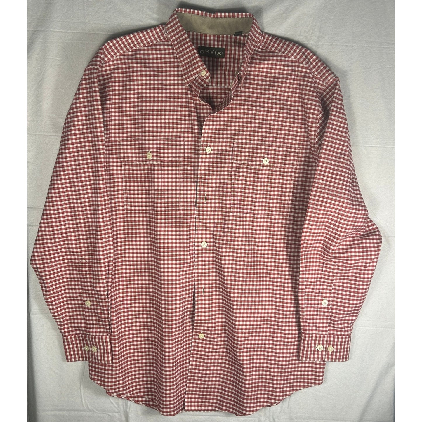 Orvis Men's Large Red & White Gingham Check Button Down Long Sleeve Shirt
