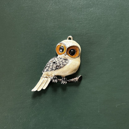Silver Owl Pendant with Rhinestones, Orange Eyes, Black & White Accents