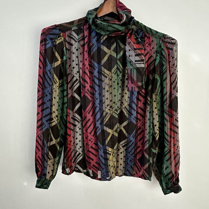 NICOLA Multicolor Geometric Chiffon Tie Neck Long Sleeve Blouse Size 8 Polyester